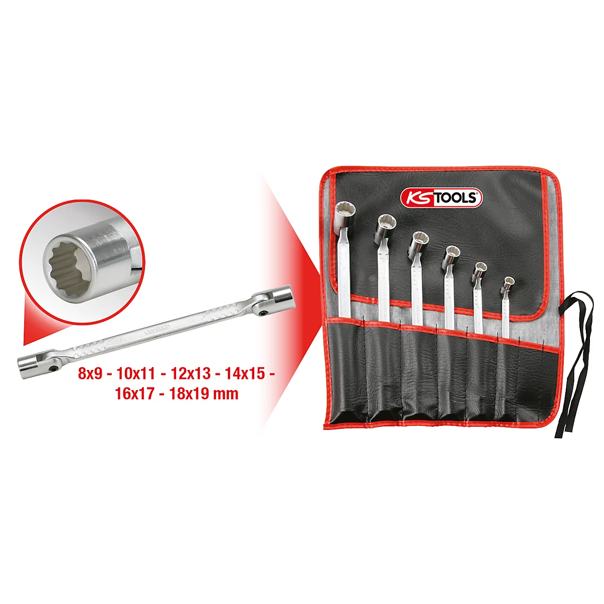 Schraubenschlüsselsatz im Etui mit Größenangabe. Detailaufnahme eines Schlüssels.